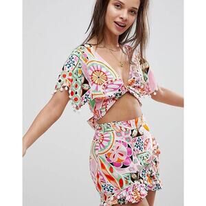 ASOS Retro Print Pom Pom Tie Front Beach Cover Up Size 2. NWT!